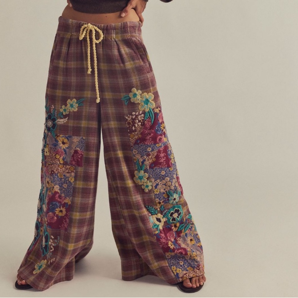 NWT Free People Brooks Embroidered Wide Leg Patchwork Pants, S - Picture 2 of 16